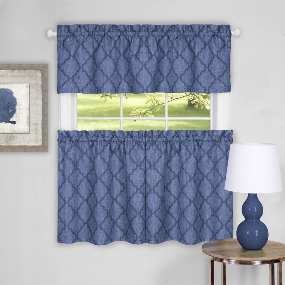 3-Piece Window Kitchen Curtain Set Country Trellis Sheer Tier Panels and Valance
